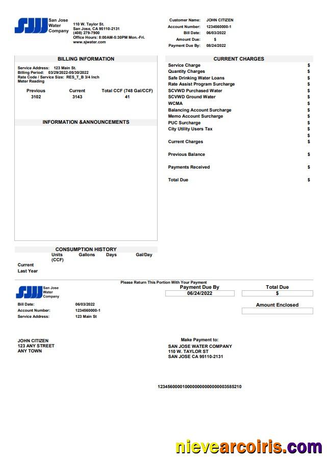 USA California San Jose Water utility bill